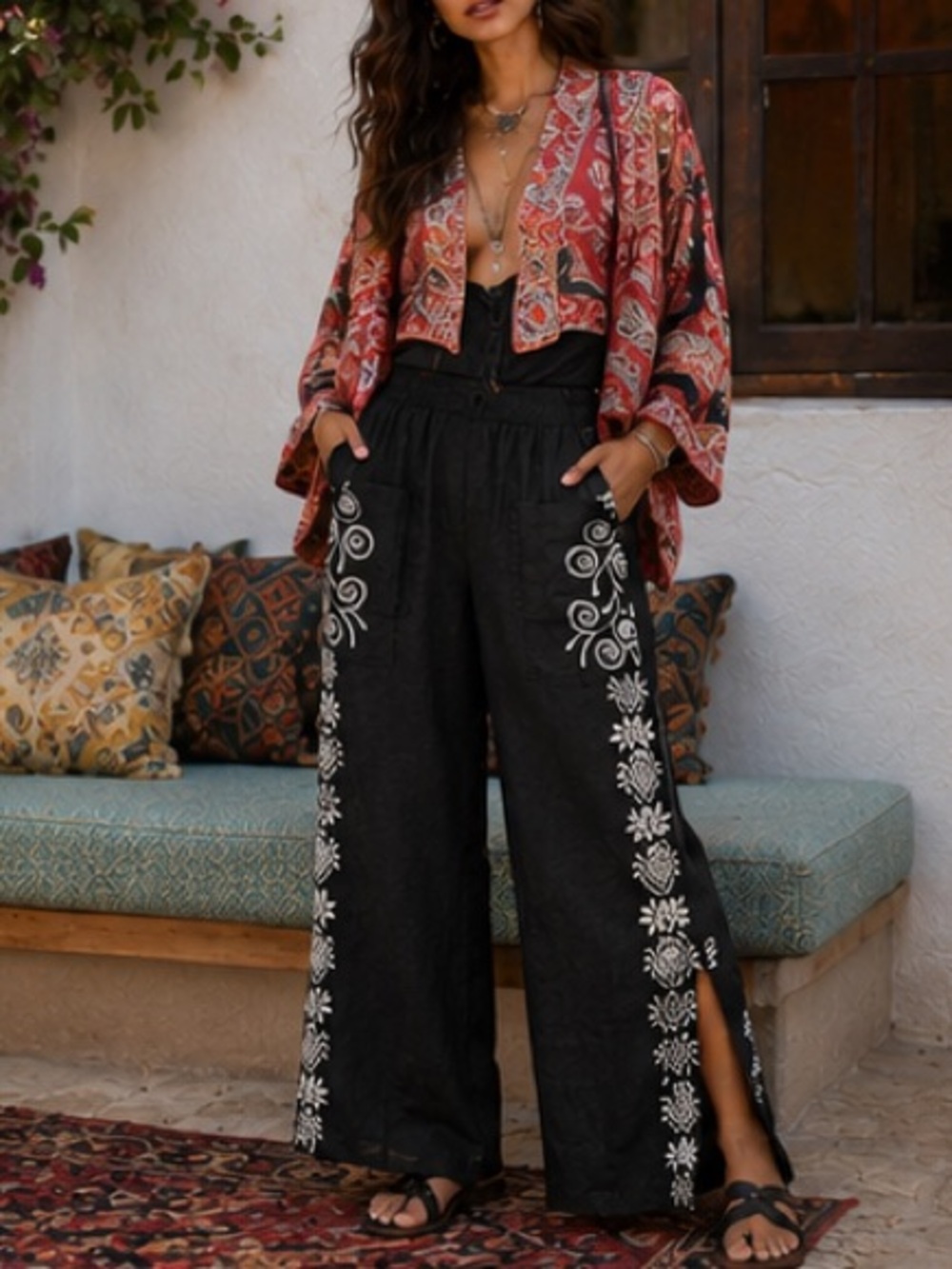 Johnny Was Embroidered Linen Pull On Wide Leg Side Slit Pants Black Ivory